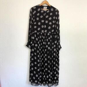 Black Floral Midi Dress - Lightweight Long Sleeve